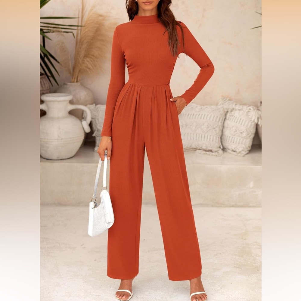 Wide-Leg Rust Jumpsuit - Women's Long Sleeve